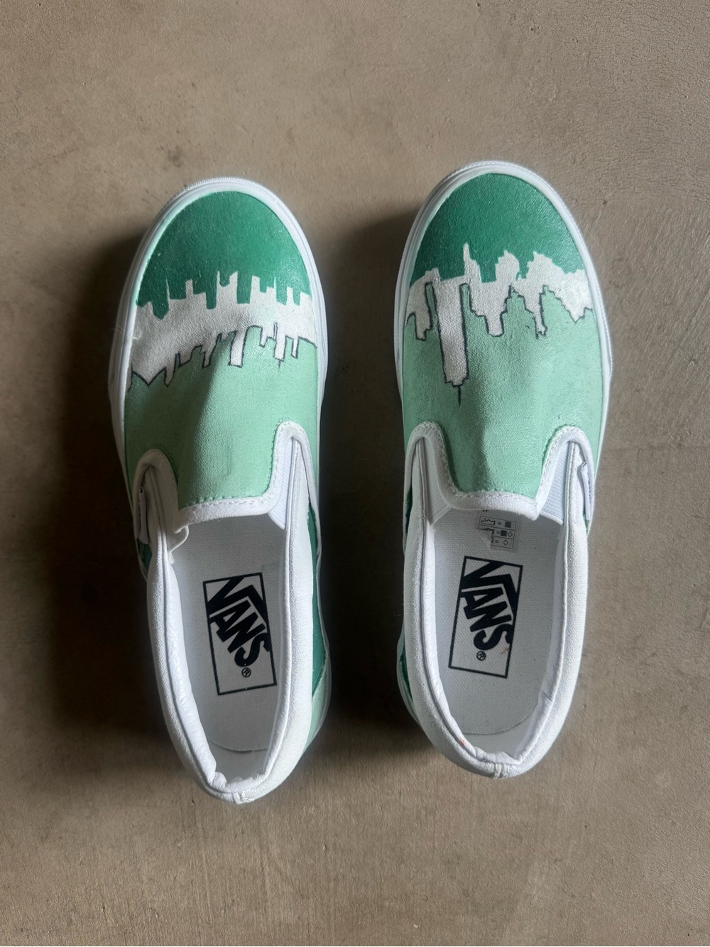 NWOT Vans Slip-On Sneakers in custom painted Mint and White Skyline US Women’s 6